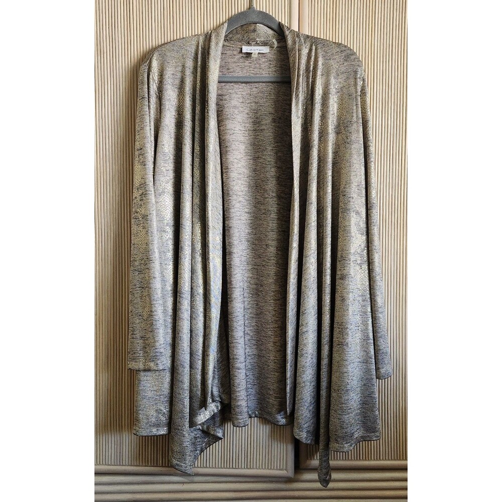 Calvin Klein Women's Cardigan Size 1X Gray Gold Shimmer Flattering Open Front